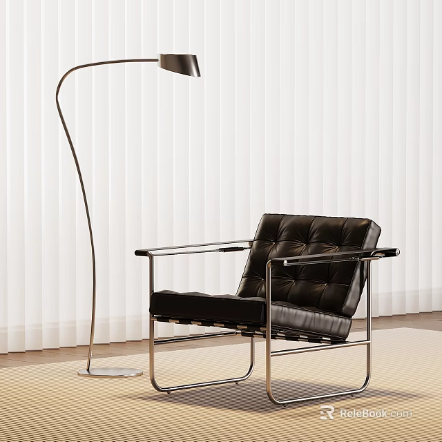 Modern Black Leather Leisure Chair With Metal Frame And Floor Lamp In White Blinds Background 3d model 