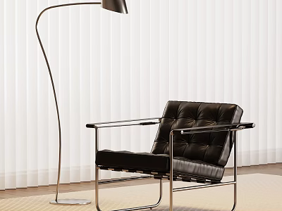 Modern Black Leather Leisure Chair With Metal Frame And Floor Lamp In White Blinds Background 3d model