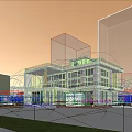 Modern Two Story Sales Office Building With Large Glass Facade Water Pool And Greenery