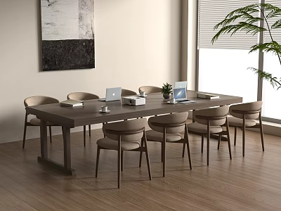 Modern Conference Table with Six Chairs Laptop and Plant in Office Space 3d model