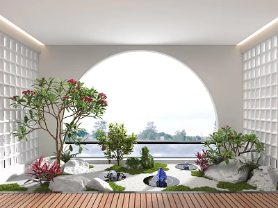 Indoor Landscape Design With Arched Window Plants Stones Water Feature And Wooden Flooring 3d model