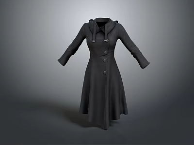 Hooded Long Black Coat with Button Front Design and Flared Silhouette 3d model
