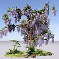 Lush Arbor Covered With Purple Flowers Green Plants Stones And Stone Lantern