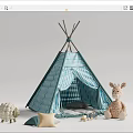 Blue and White Striped Kids Tepee Tent with Stuffed Giraffe Sheep and Plush Toys