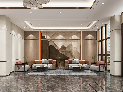Elegant Hotel Lobby Interior With Mountain Painting Sofas Coffee Tables Rug And Chandelier 3d model