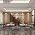 Elegant Hotel Lobby Interior With Mountain Painting Sofas Coffee Tables Rug And Chandelier