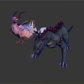 Pink Fluffy Bird With Red Crest And Green Dragon Creature With Spikes And Claws