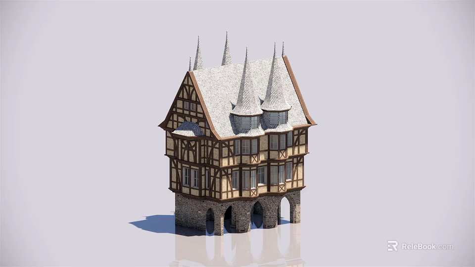 Traditional Detached Villa with Timber Frame Spires Stone Base and Arched Windows 3d model 