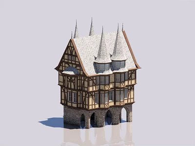 Traditional Detached Villa with Timber Frame Spires Stone Base and Arched Windows 3d model