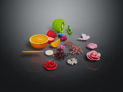 Colorful Assorted Fresh Fruits Display With Sliced Kiwi Orange Strawberry And Berries On Dark Surface 3d model