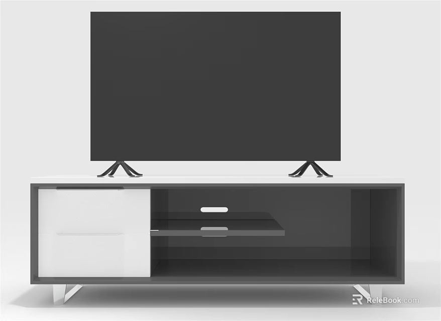 Modern Black and White TV Stand with Flat Screen TV Drawer and Metal Legs 3d model 