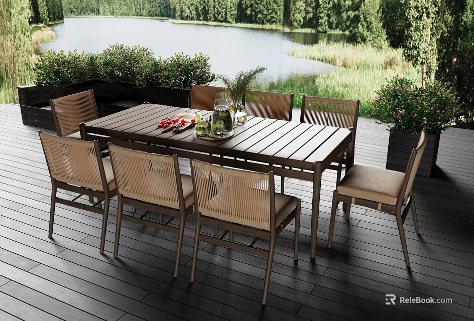 Outdoor Deck Table With Chairs Fruits Wine Glasses By Lake And Trees 3d model 