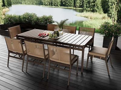 Outdoor Deck Table With Chairs Fruits Wine Glasses By Lake And Trees 3d model