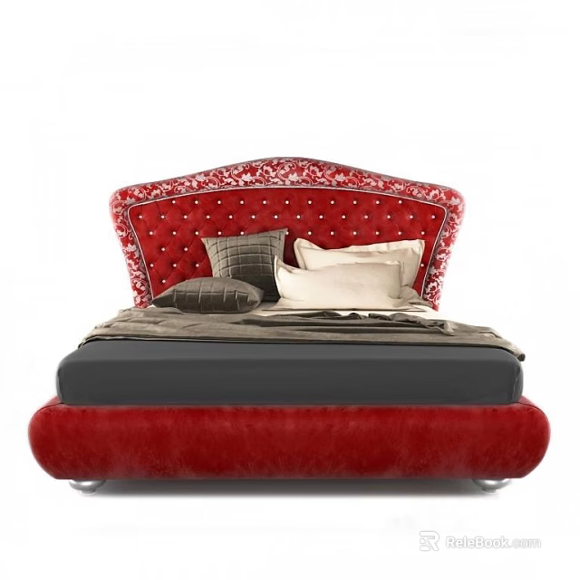 Elegant Double Bed With Red Floral Tufted Headboard And Gray White Pillows 3d model