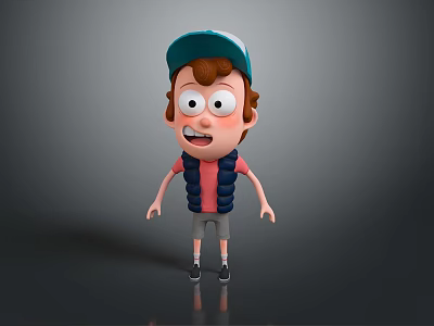 Cartoon Man With Big Eyes Wearing Blue Cap And Pink Vest Standing In Gray Background 3d model
