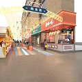 Bustling Commercial Street At Night With Decorative Lights Pedestrians And Colorful Storefronts