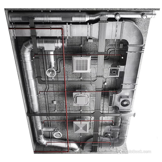Industrial Ceiling Design With Metal Pipes Ventilation Units And Structural Framework Details 3d model