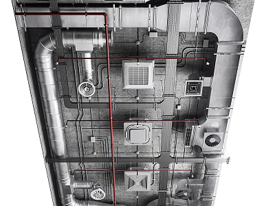 Industrial Ceiling Design With Metal Pipes Ventilation Units And Structural Framework Details 3d model