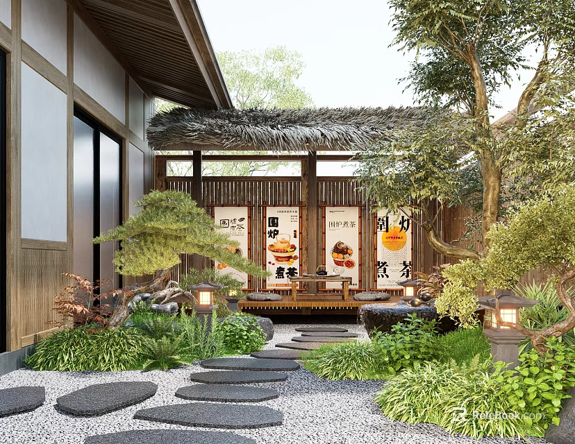 Japanese Courtyard Garden With Thatch Roof Wooden Structure Stone Stepping Path And Green Plants 3d model 