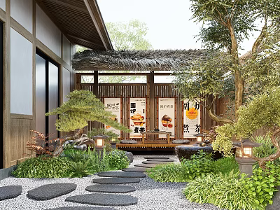Japanese Courtyard Garden With Thatch Roof Wooden Structure Stone Stepping Path And Green Plants 3d model