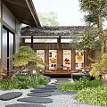 Japanese Courtyard Garden With Thatch Roof Wooden Structure Stone Stepping Path And Green Plants