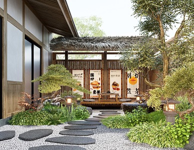 Zen Courtyard Landscape Furnace Boiling Tea Modeling Pine Tree Ting Step Fence Landscape Stone Flowers and Plants 3d model