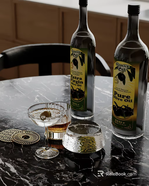 Extra Virgin And Pure Olive Oil Bottles With Martini Glass Olives And Coasters 3d model 