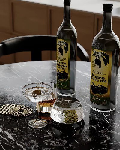 Extra Virgin And Pure Olive Oil Bottles With Martini Glass Olives And Coasters 3d model