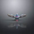 Colorful Pigeon With Spread Wings Standing On Dark Surface Showing Reflection And Gray Background