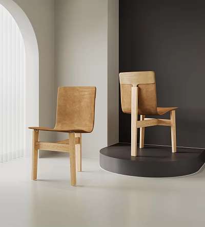 Two Modern Single Chairs With Wooden Frames And Leather Seats On Display Platform 3d model