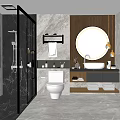 Modern Bathroom Interior With Marble Walls Glass Shower Enclosure Toilet Vanity And Round Mirror