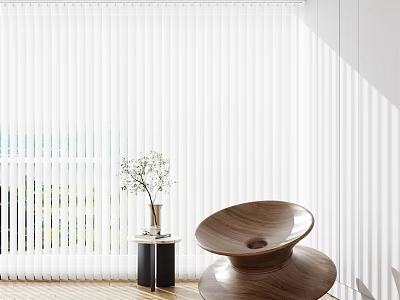 White Window Blinds in Bright Room with Wooden Chair Small Table and Vase with Flowers 3d model