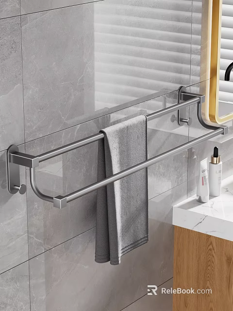 Modern Bathroom Setup With Stainless Steel Towel Rack Gray Towel And Marble Countertop With Toiletries 3d model 