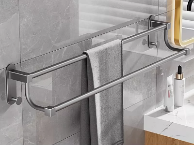Modern Bathroom Setup With Stainless Steel Towel Rack Gray Towel And Marble Countertop With Toiletries 3d model