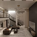 Modern Duplex Living Room Interior Design With Spiral Staircase And Hanging Ring Lights