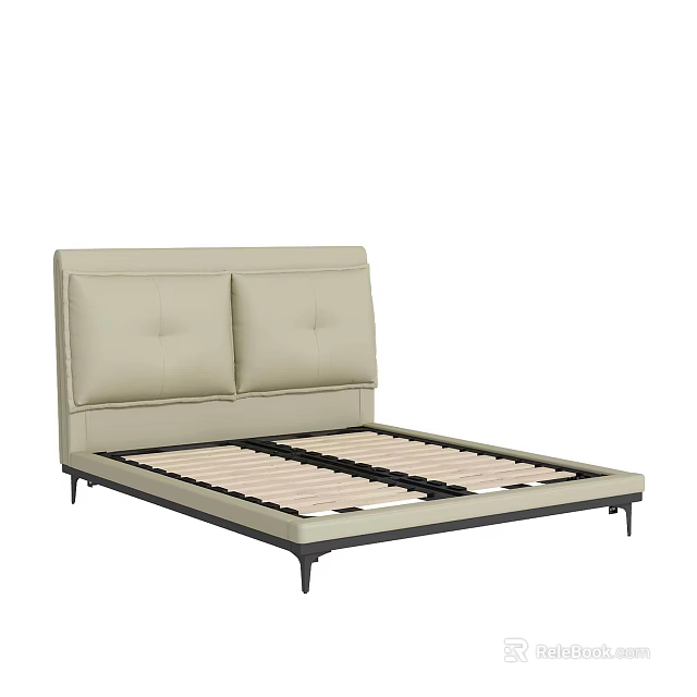 Beige Upholstered Double Bed With Two Panel Headboard And Black Metal Legs Slat Support 3d model 