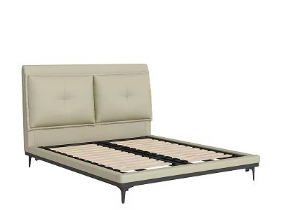 Beige Upholstered Double Bed With Two Panel Headboard And Black Metal Legs Slat Support 3d model
