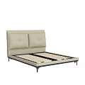 Beige Upholstered Double Bed With Two Panel Headboard And Black Metal Legs Slat Support