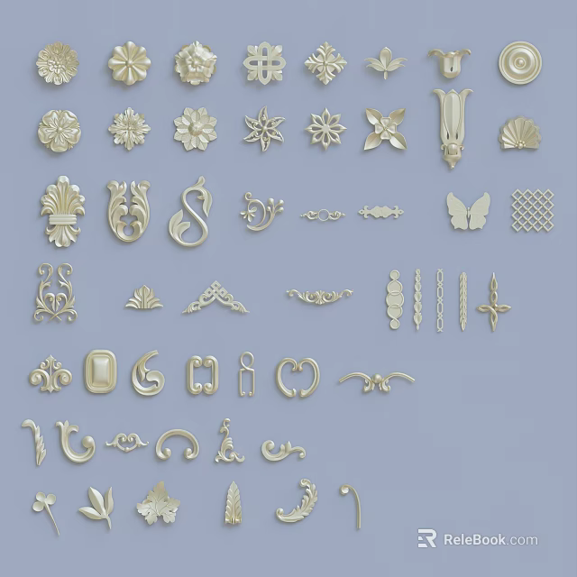 Decorative Sculpture Carvings with Golden Floral Butterfly and Geometric Patterns for Ornamental Design 3d model 