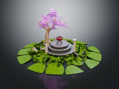 Small Garden Landscape Design With Circular Stone Platform Red Fountain And Purple Flowering Tree 3d model