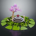 Small Garden Landscape Design With Circular Stone Platform Red Fountain And Purple Flowering Tree
