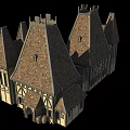 Ancient Architecture with Pointed Roofs and Stone Wooden Structure Medieval Style Towers and Classic Windows