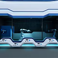 Modern Tech Exhibition Hall With Blue White Interior And Digital Display Counters 3d model