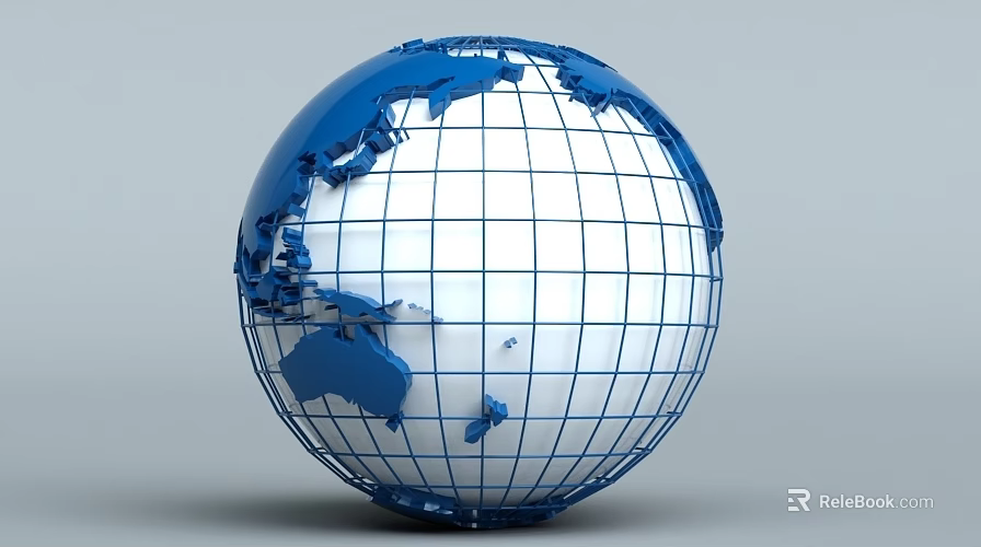 Detailed Blue 3D Globe With Grid Lines Showing Continental Landmasses On Gray Background 3d model 