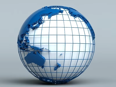 Detailed Blue 3D Globe With Grid Lines Showing Continental Landmasses On Gray Background 3d model