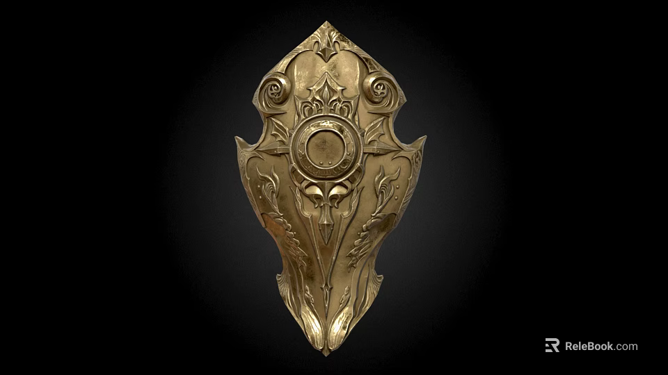 Ancient Golden Ornate Shield With Intricate Carvings And Decorative Design 3d model 