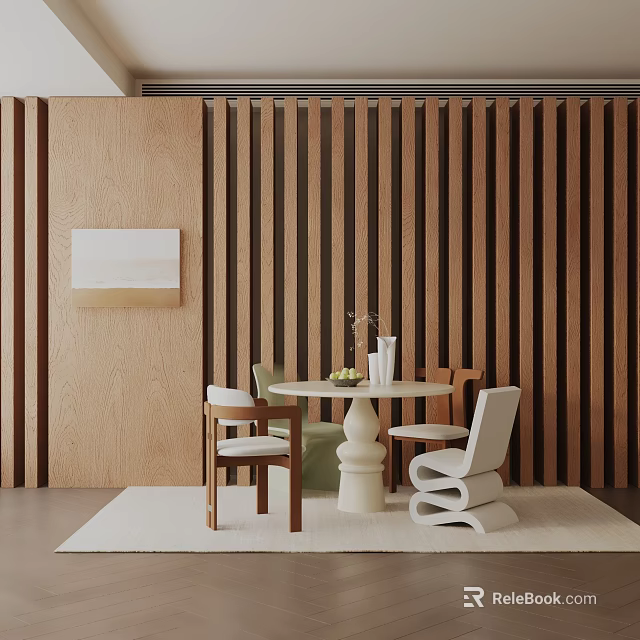 Dining Table Set With White And Wooden Chairs On Beige Rug Against Wooden Slat Wall 3d model 