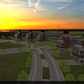 Red Brick School Building with Clock Tower Central Plaza Benches and Greenery Under Sunset Sky