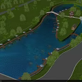 Scenic Park Landscape With Blue River Green Lawn Trees And Wooden Bridge