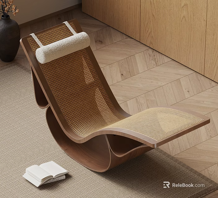 Modern Leisure Chair With Wooden Frame And Woven Seat On Carpet With Open Book 3d model 